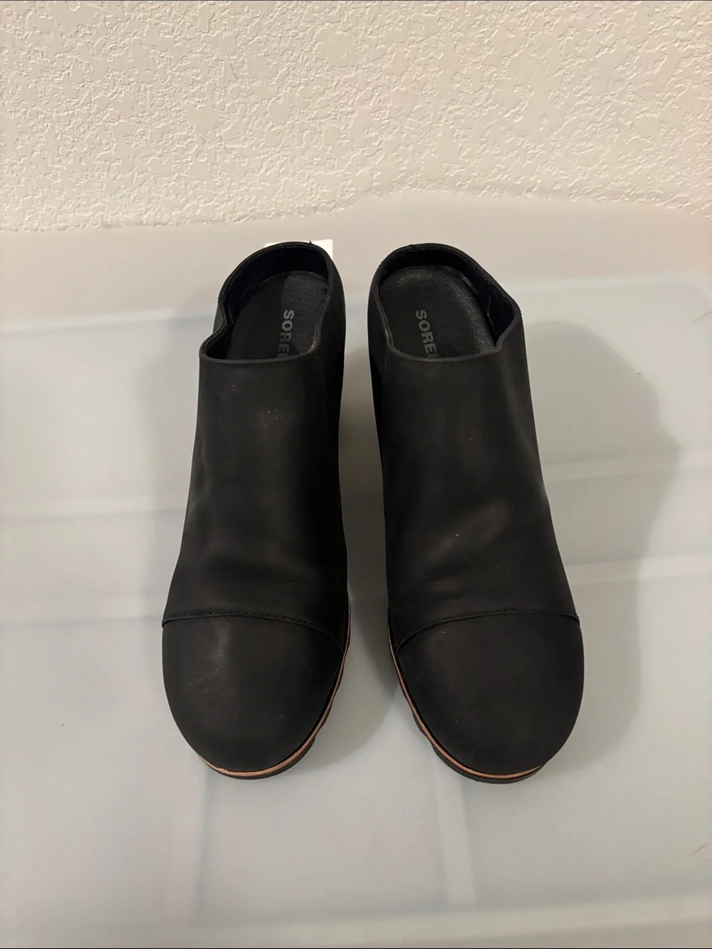 Sorel Black Addington Mule boots SZ 8.5 stacked heel slip on waterproof leather - Picture 2 of 12